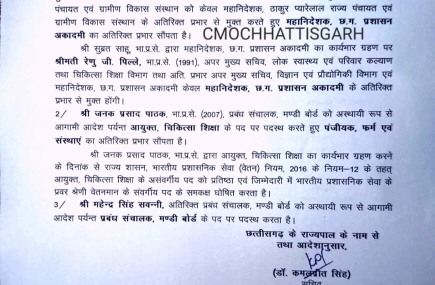 IAS ब्रेकिंग: राज्य सरकार ने IAS के प्रभार में किये बदलाव, देखिये आदेश