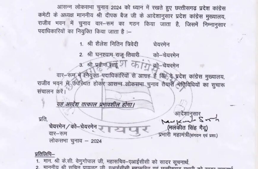 शैलेश नितिन त्रिवेदी को मिली कांग्रेस वार रूम की जिम्मेदारी, लोकसभा चुनाव के मद्देनजर राजू घनश्याम व प्रवीण साहू को भी अहम जिम्मा