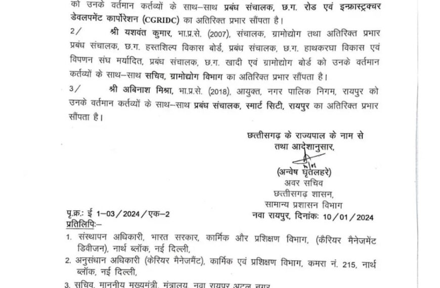 तीन आईएएस अफसरों को मिला अतिरिक्त प्रभार: IAS कमलप्रीत सिंह CGRIDC के बनाए गए एमडी, यशवंत कुमार और अबिनाश मिश्रा को सौंपी गई ये जिम्मेदारी….