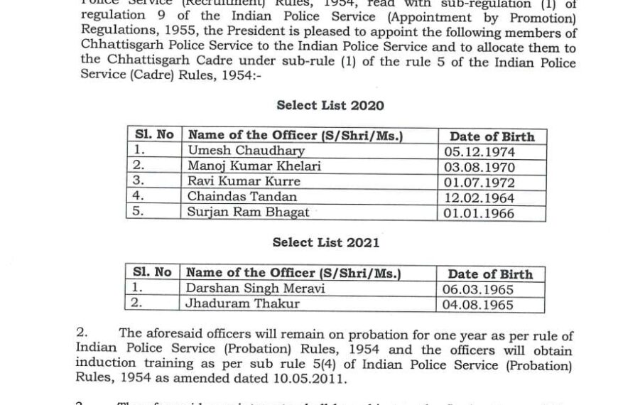 छत्तीसगढ़ पुलिस सेवा के सात अधिकारी बने आईपीएस, छत्तीसगढ़ कैडर हुआ आवंटित…