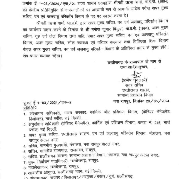 केंद्रीय प्रतिनियुक्ति से वापस लौटीं ऋचा शर्मा को मिली बड़ी जिम्मेदारी, वन विभाग की बनाई गईं अपर मुख्य सचिव, आदेश जारी…