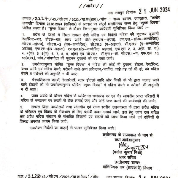 छत्तीसगढ़ में कल शराब दुकानें रहेगी बंद, राज्य सरकार ने जारी किया आदेश