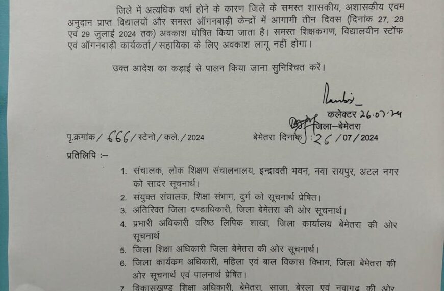 भारी बारिश को लेकर अलर्ट, स्कूल और आंगनबाड़ियों में 3 दिन की छुट्टी, आदेश जारी …