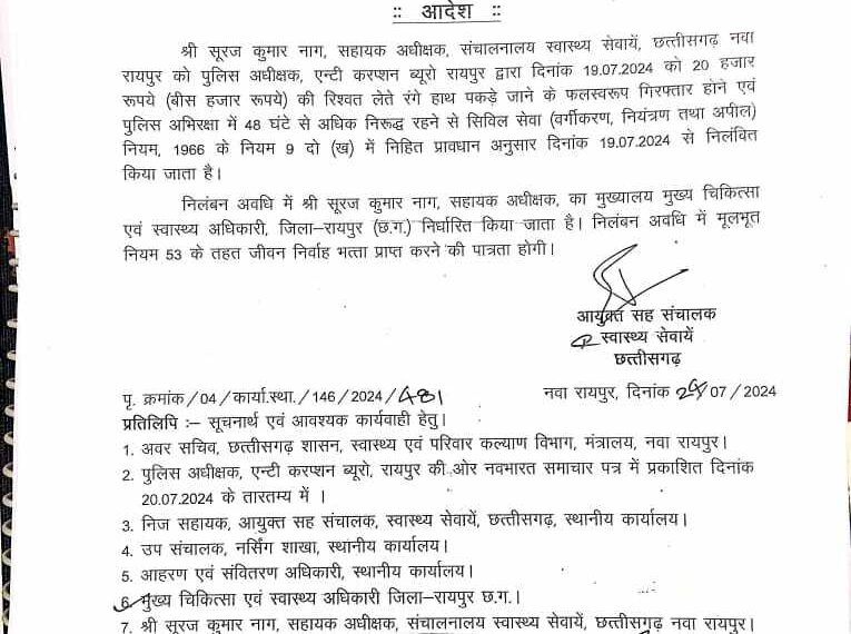 स्वास्थ्य सेवा संचालनालय के सहायक अधीक्षक निलंबित, रिश्वत लेते रंगे हाथों हुआ था गिरफ्तार