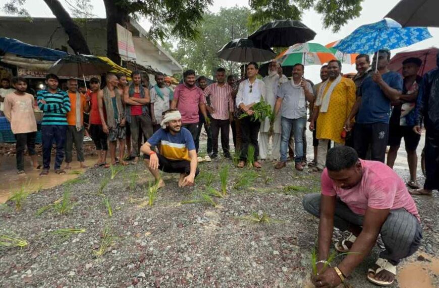 बदहाल सड़क को लेकर कांग्रेसियों का अनोखा प्रदर्शन, रास्ते में रोपा लगाकर जताया विरोध