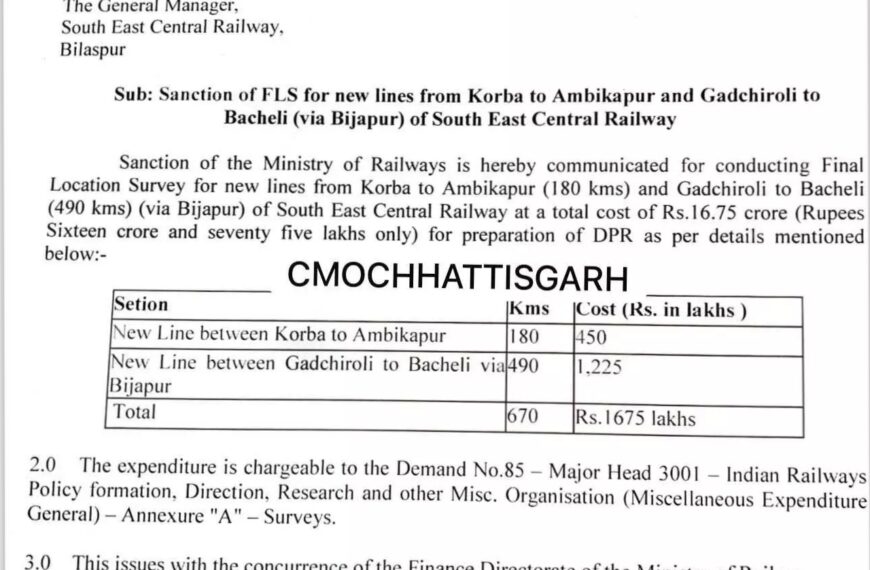 छत्तीसगढ़ में दो नई रेल लाइन परियोजनाओं के अंतिम सर्वे और डीपीआर निर्माण की मिली स्वीकृति, मुख्यमंत्री श्री साय ने प्रधानमंत्री के प्रति आभार प्रकट किया