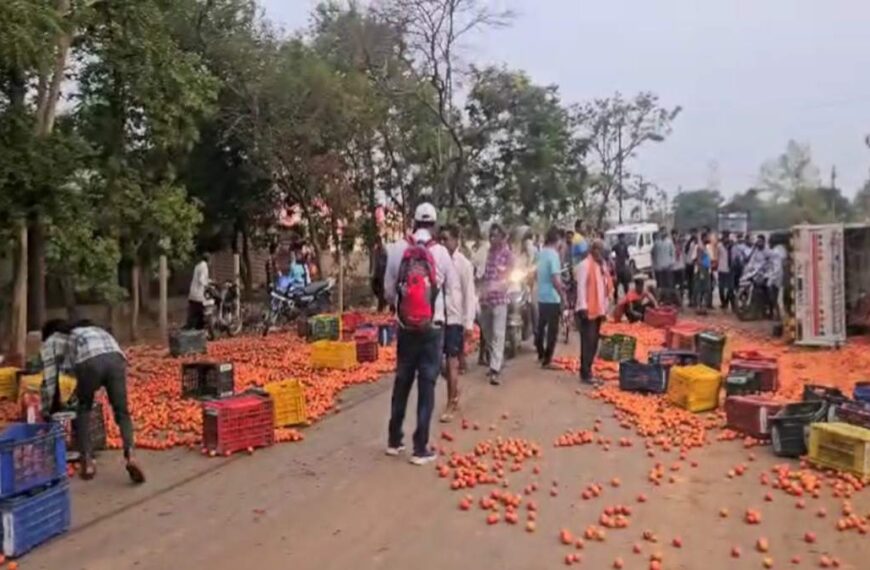 टमाटर से भरी पिकअप पलटी, सड़क पर बिखरे टमाटर, अफरा-तफरी का माहौल