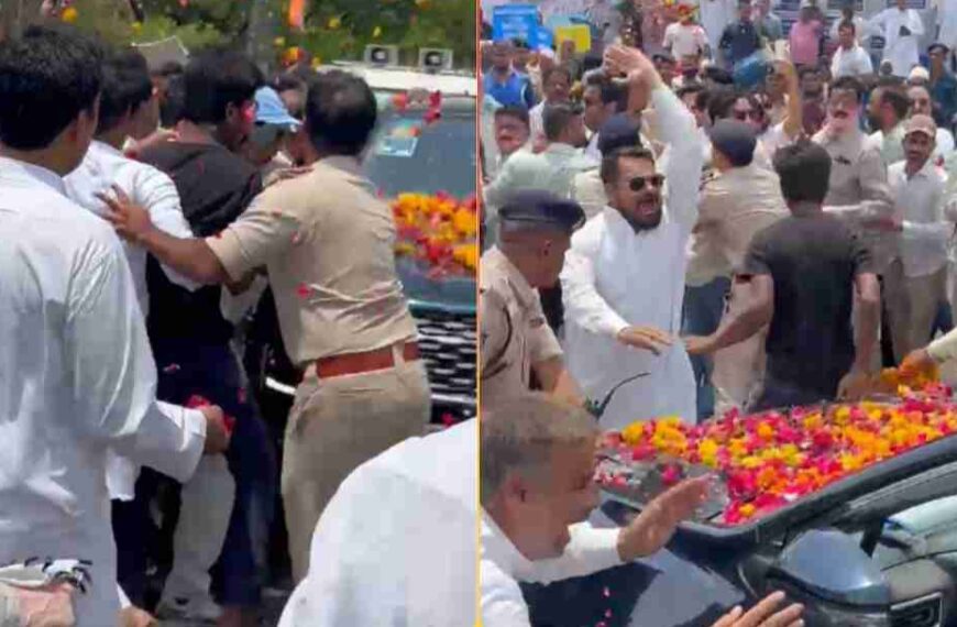 राहुल गांधी के स्वागत के लिए आपस में भिड़े कार्यकर्ता! काफिले के सामने आए, जमकर हुई धक्का-मुक्की, देखें वीडियो